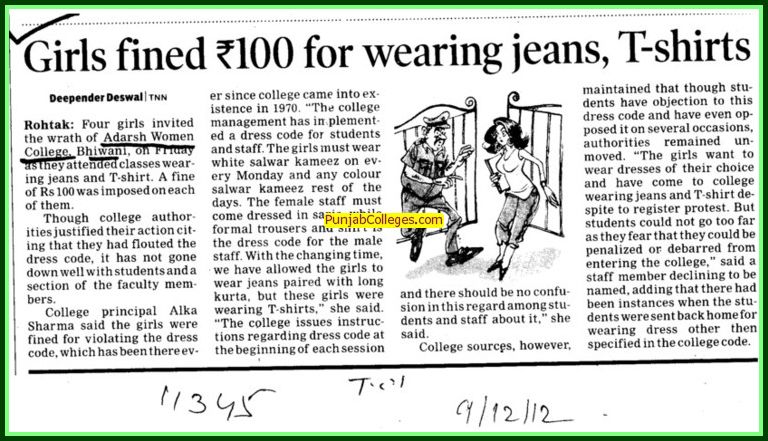 Adarsh Womens College Haryana jeans ban