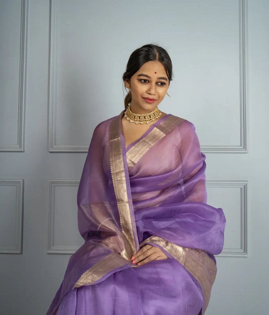 Grey Silk Embroidered Traditional Saree Poses
